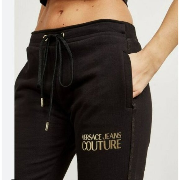 New Versace Jeans Couture Black Joggers Gold Logo Pull On Drawstring Size 8 - Picture 3 of 12